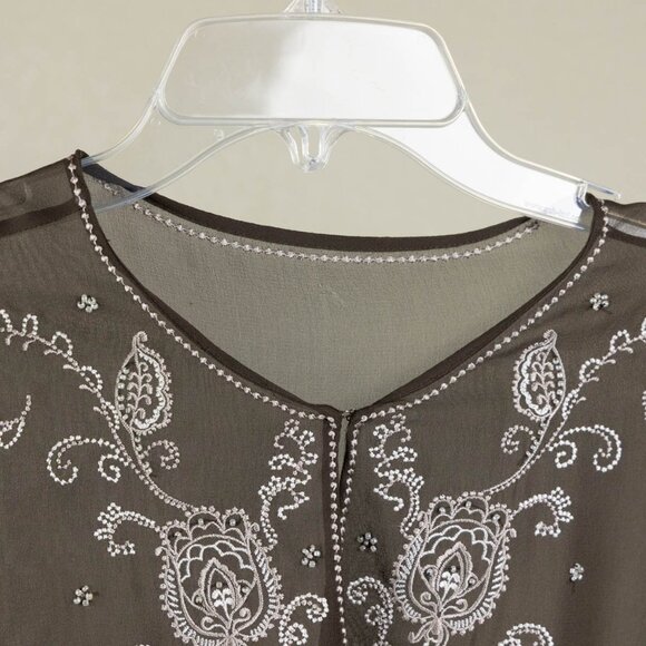 🤎 Vintage 100% Silk Embroidered Sheer Blouse – Brown, Beaded Detail - Picture 2 of 14